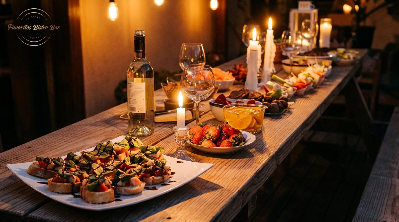 A rustic wooden table laden with appetizers, wine, and candles, creating a warm evening ambiance.