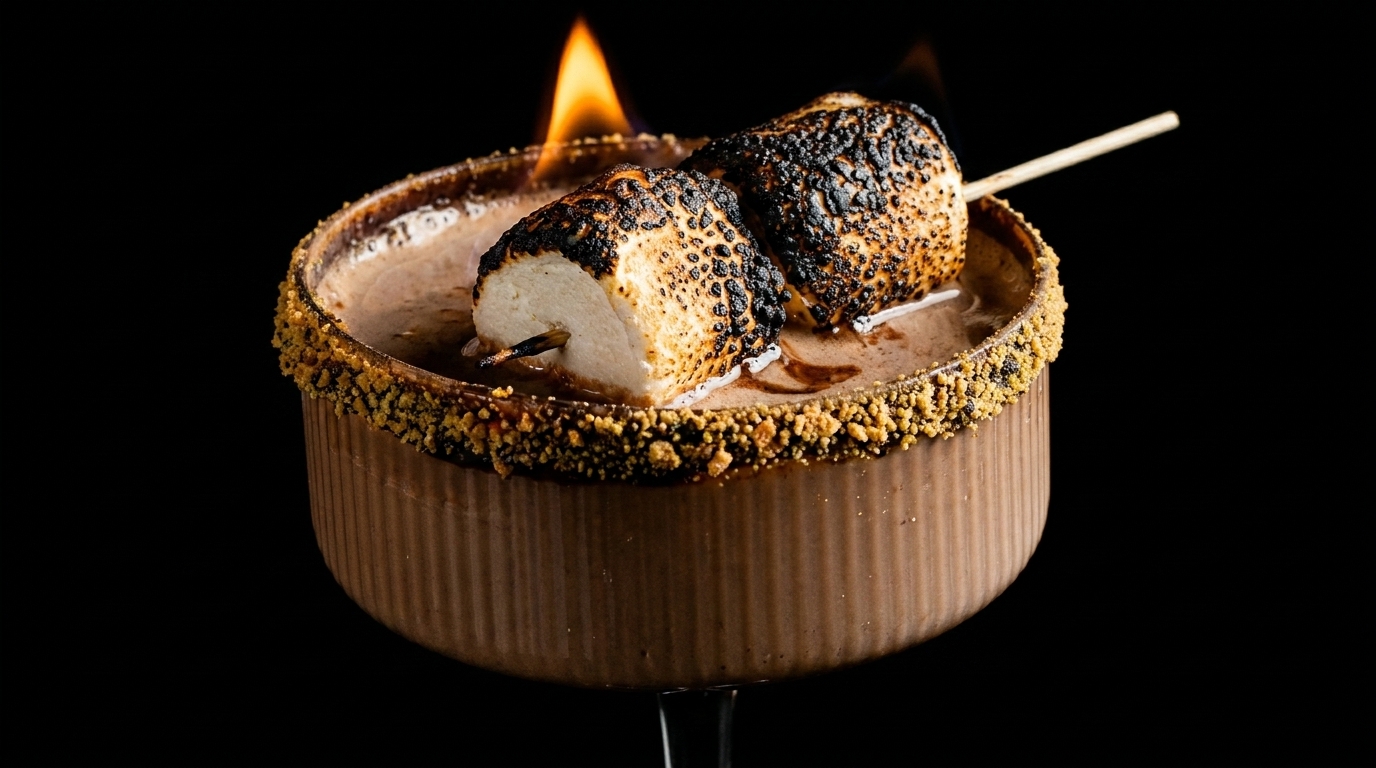 Chocolate cocktail with a graham cracker rim, topped with two flaming, toasted marshmallows on a skewer.