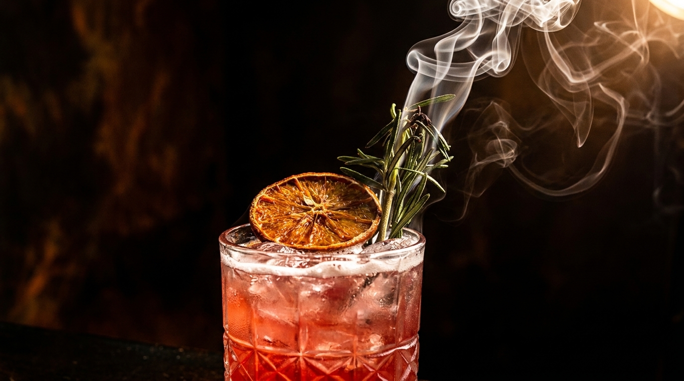 Smoky red cocktail with a dried orange slice and rosemary sprig against a dark background.