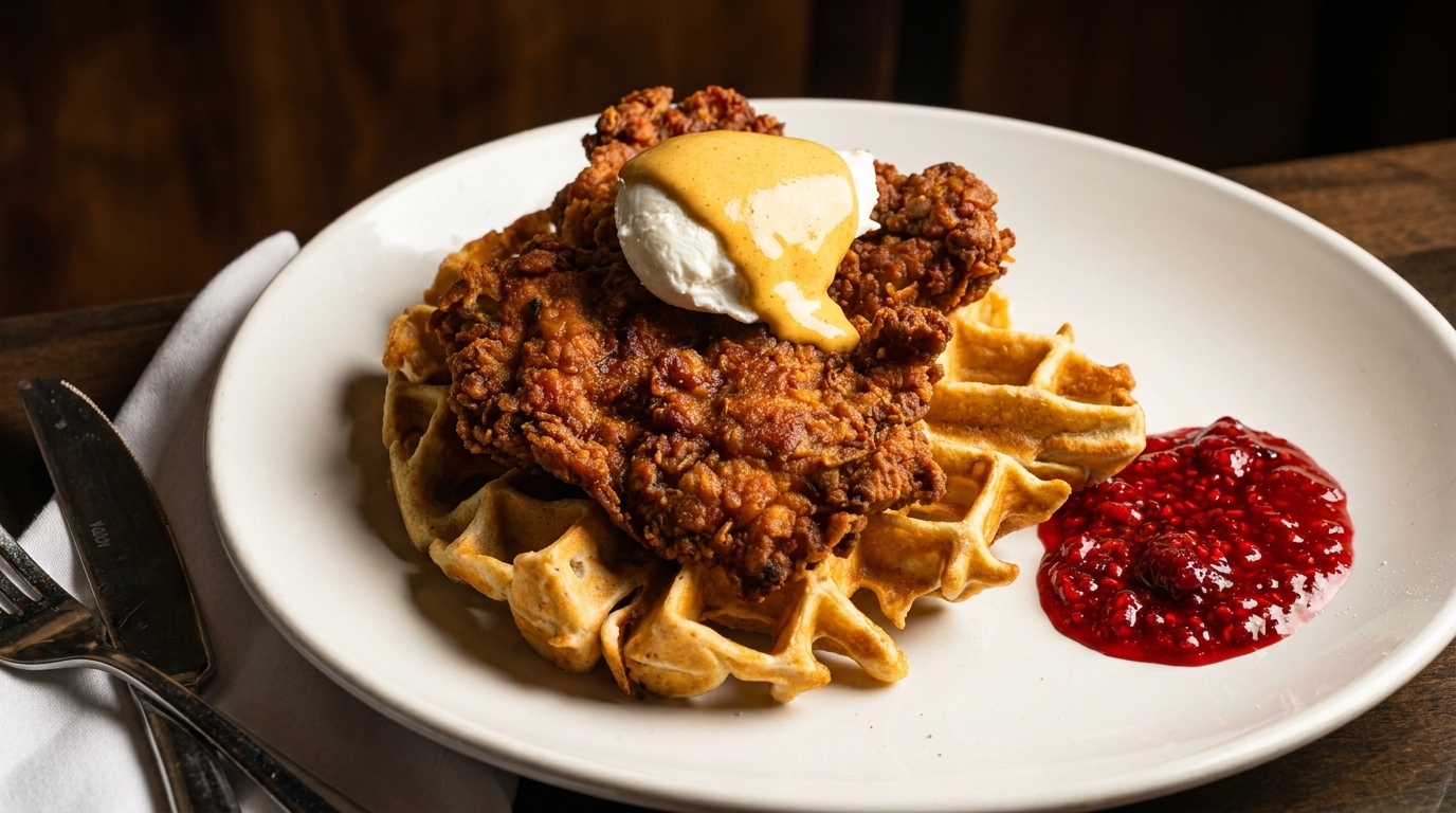 Crispy fried chicken and waffles topped with a poached egg, hollandaise, and raspberry jam.