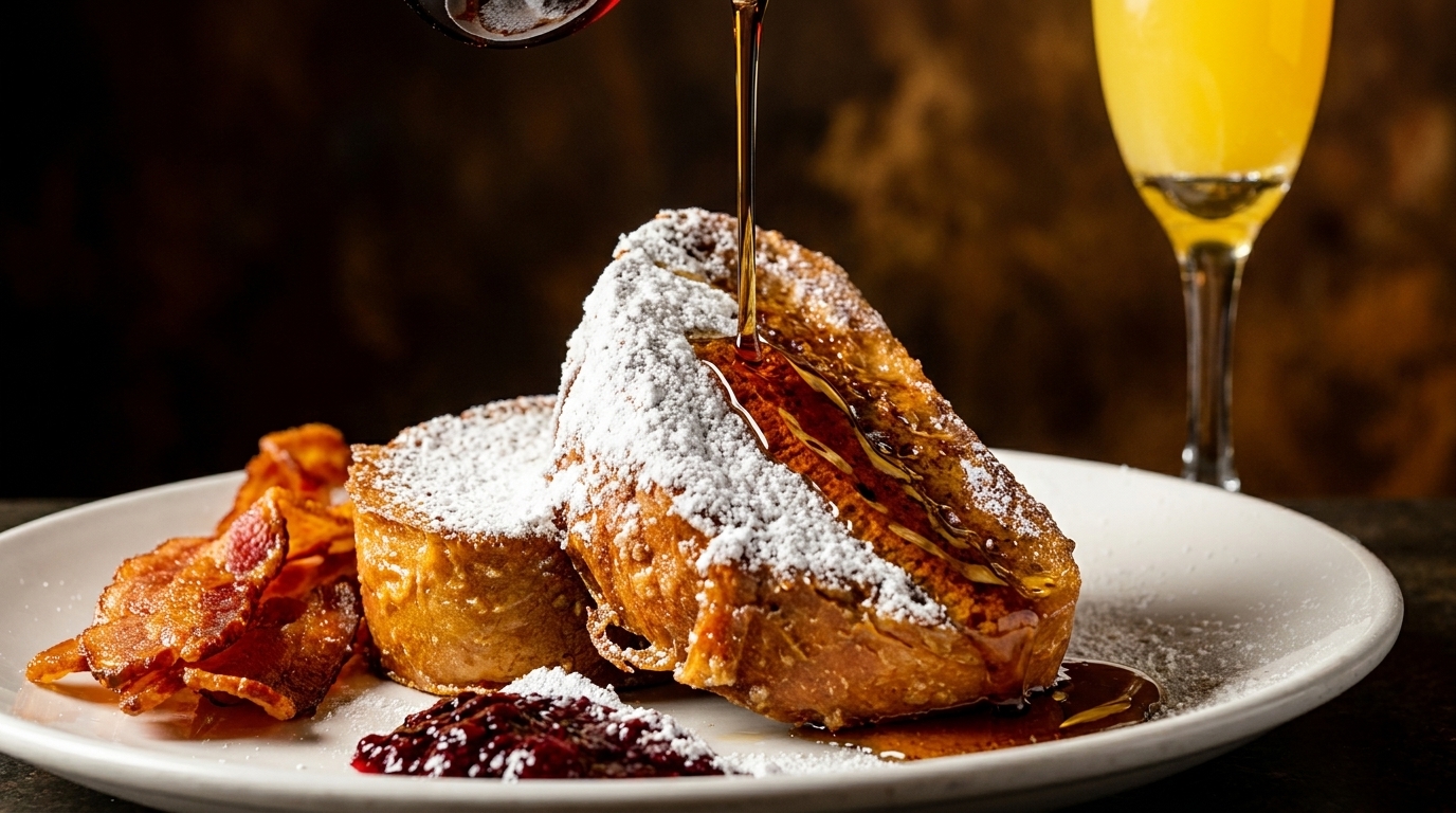Maple syrup pouring over powdered sugar French toast with bacon and jam, alongside a mimosa.