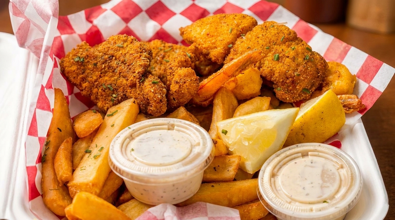 Crispy fried shrimp and french fries in a take-out container with lemon wedges and dipping sauces.