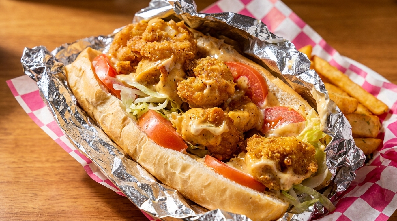 Crispy fried shrimp po'boy with lettuce, tomato, and sauce, served with fries in a checkered basket.