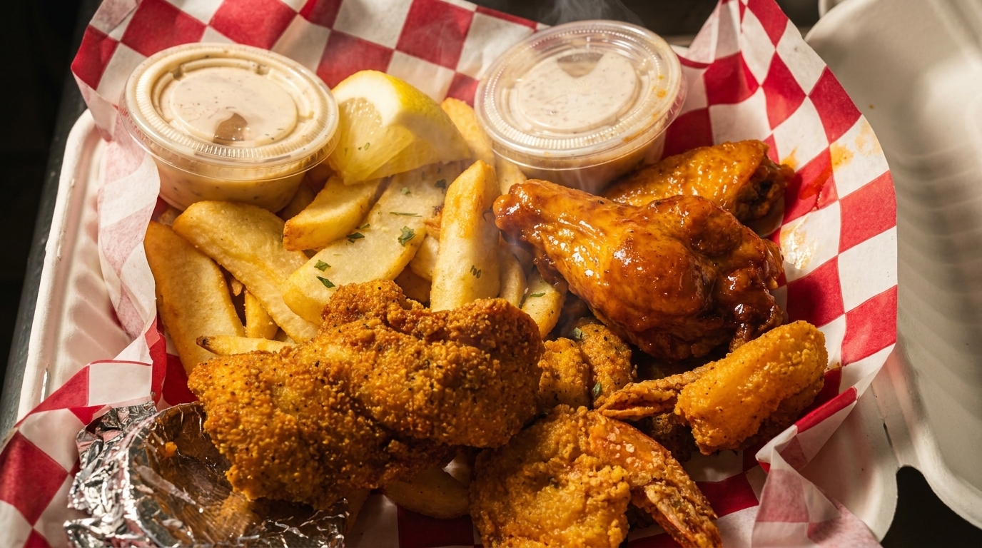 Steaming hot fried chicken, shrimp, and fries with dipping sauces and lemon in a red checkered basket.