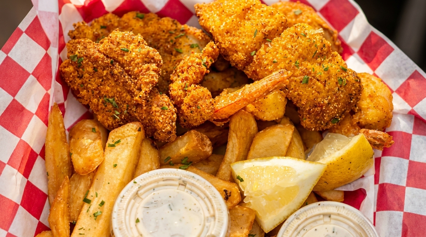 Crispy fried shrimp and fish with thick-cut fries, lemon wedges, and tartar sauce in a red checkered basket.