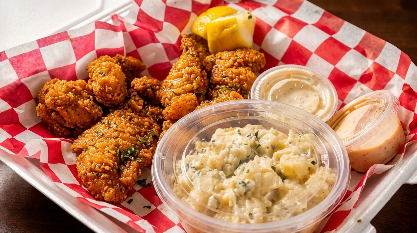 Crispy fried chicken pieces, potato salad, and two dipping sauces in a takeout container with red checkered paper.