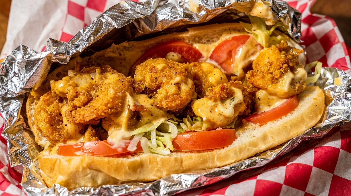 A close-up of a shrimp po'boy sandwich with lettuce, tomatoes, and sauce, wrapped in foil.