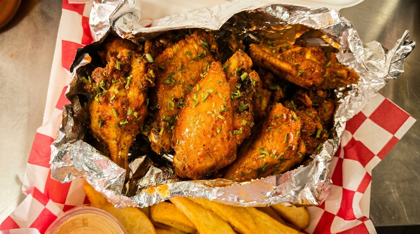 Crispy chicken wings with herbs in a foil-lined container, alongside golden french fries.