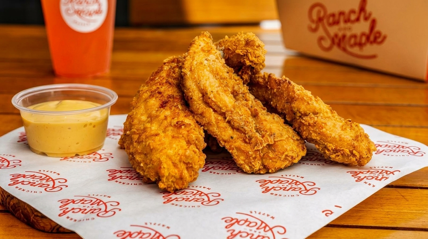 Crispy fried chicken tenders with dipping sauce on Ranch N' Maple branded paper, with a drink and box in the background.