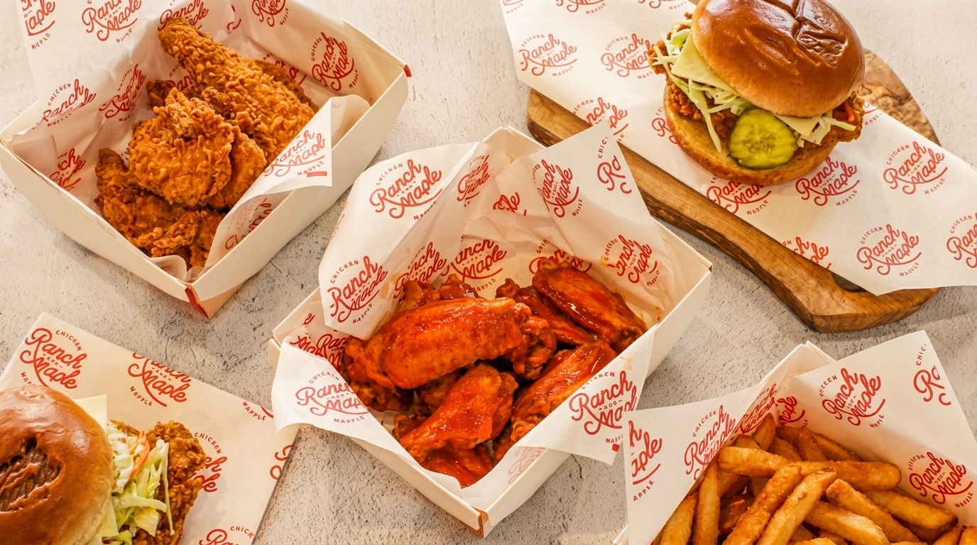 Assortment of fried chicken, buffalo wings, chicken sandwiches, and french fries from Ranch Maple.