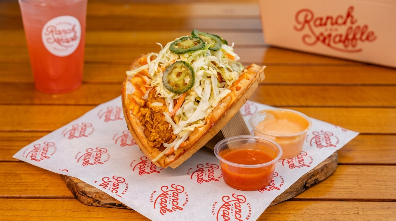 A Ranch & Maple chicken and waffle sandwich with coleslaw and jalapeños, with two sauces and a drink.
