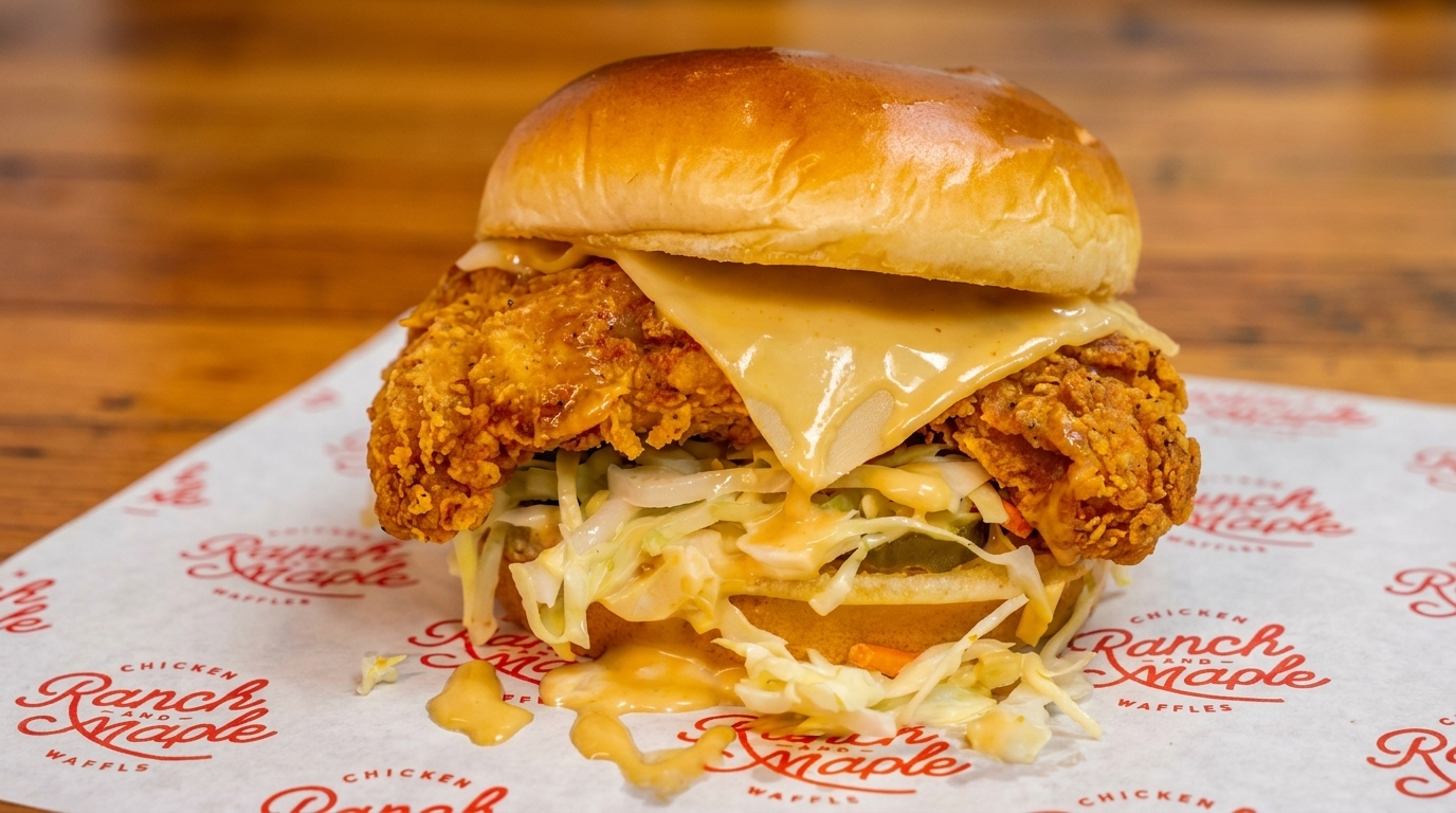 A crispy fried chicken sandwich with melted cheese, coleslaw, and sauce on a branded wrapper.