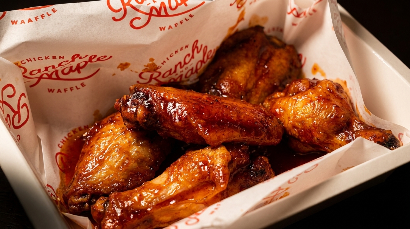Glossy, saucy chicken wings in a white container lined with "Ranch Maple Chicken Waffle" paper.