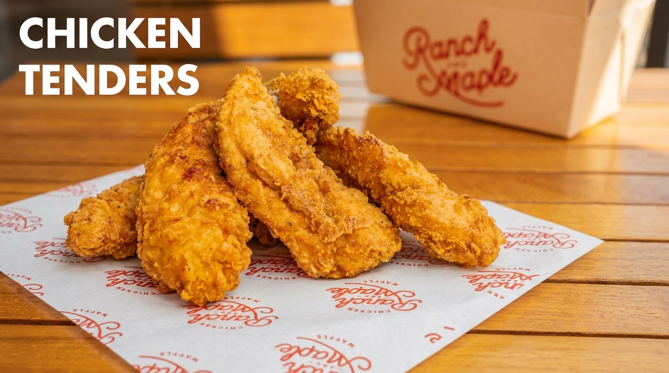 Golden-brown chicken tenders on branded paper, with a "Ranch & Maple" box in the background.
