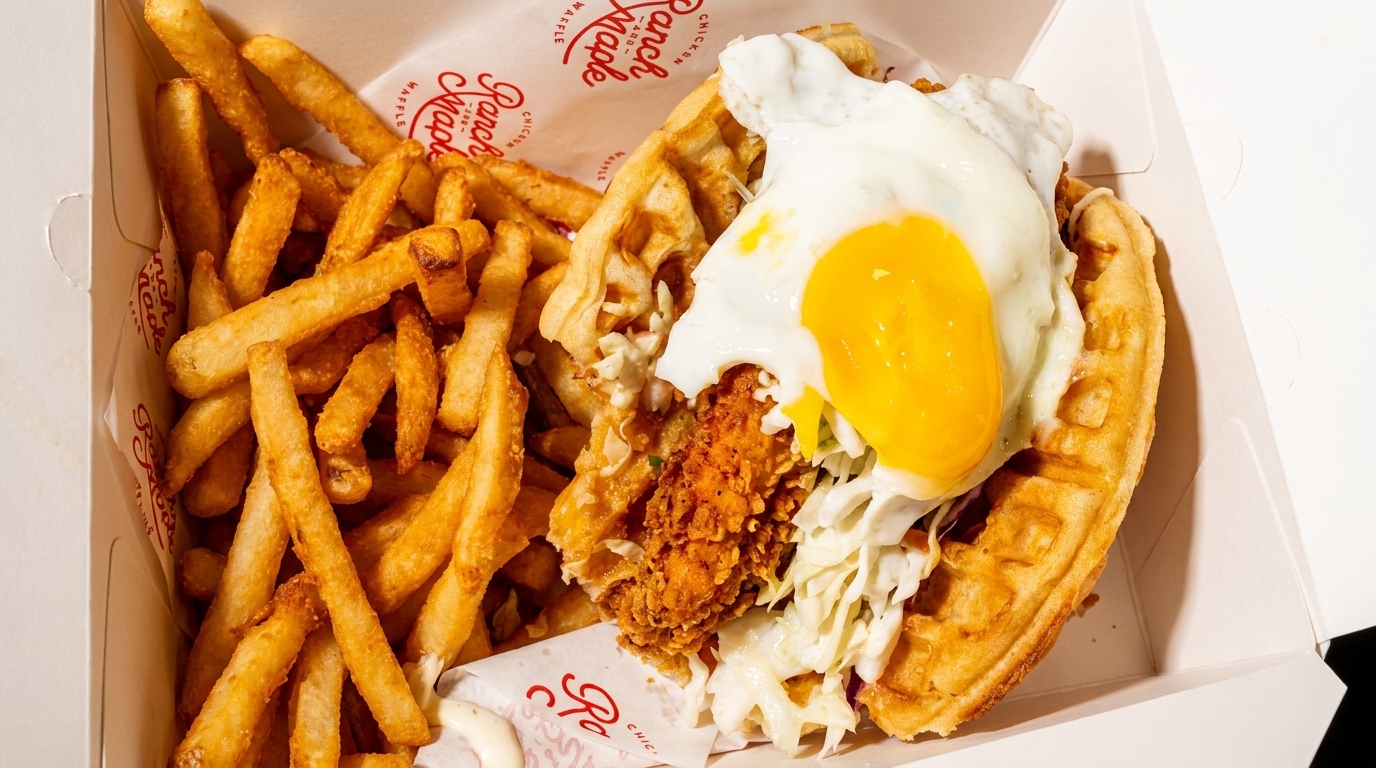 Chicken and waffle sandwich with a fried egg and coleslaw, served with a side of fries.