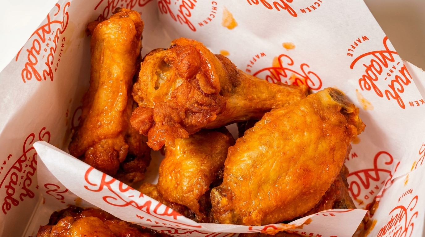 Close-up of several crispy, saucy chicken wings in a paper container with "Brunch and Maple" branding.