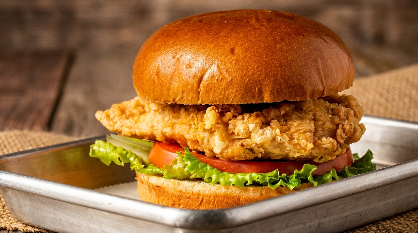Crispy fried chicken sandwich with lettuce, tomato, and pickles on a brioche bun in a metal tray.