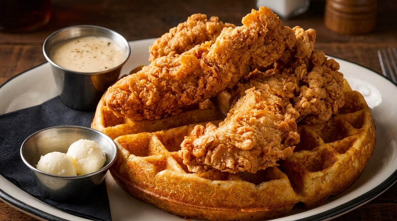 Crispy fried chicken tenders on a golden waffle, with sides of gravy and butter.