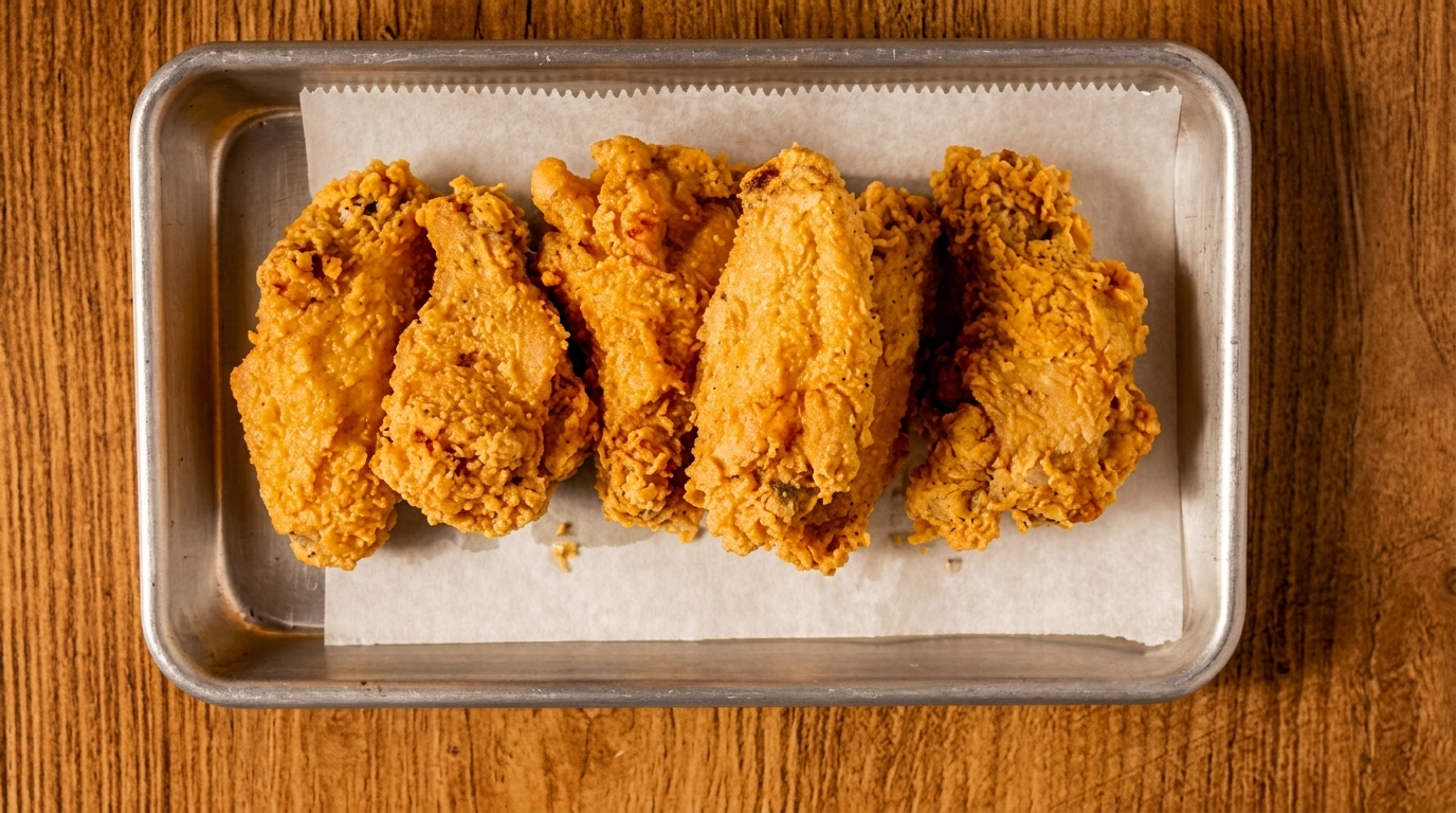Crispy golden-brown fried chicken wings arranged on parchment paper in a metal tray.