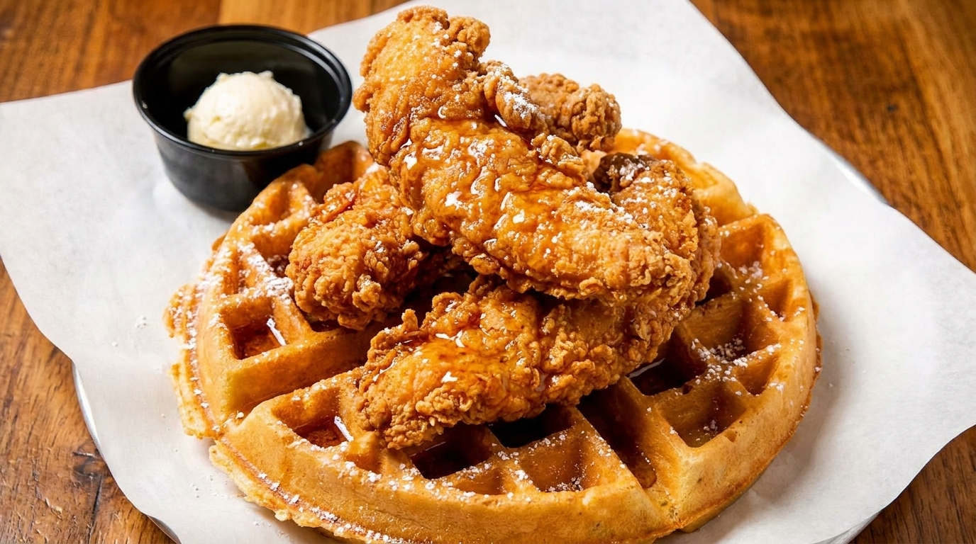Crispy fried chicken tenders drizzled with syrup and powdered sugar, served atop a waffle with butter.