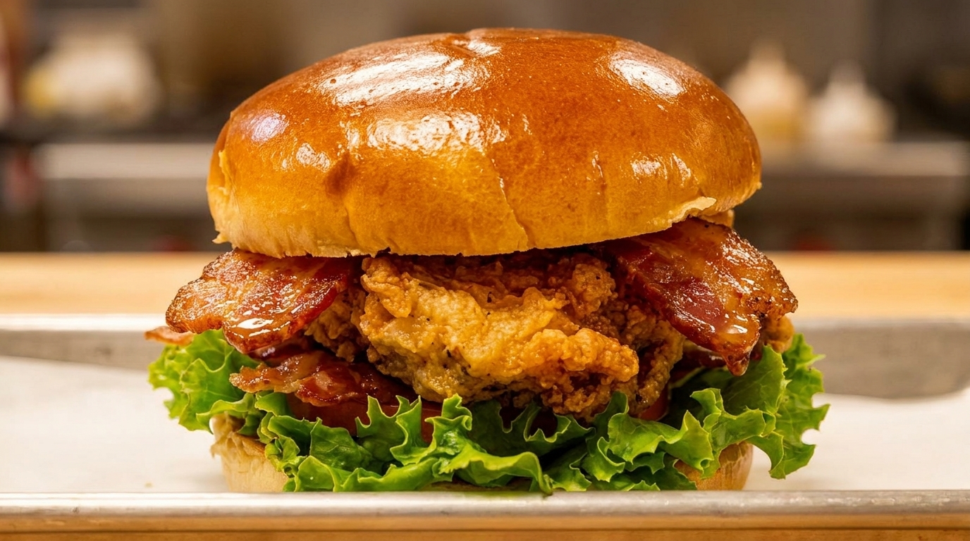 Crispy fried chicken sandwich with bacon and lettuce on a brioche bun.