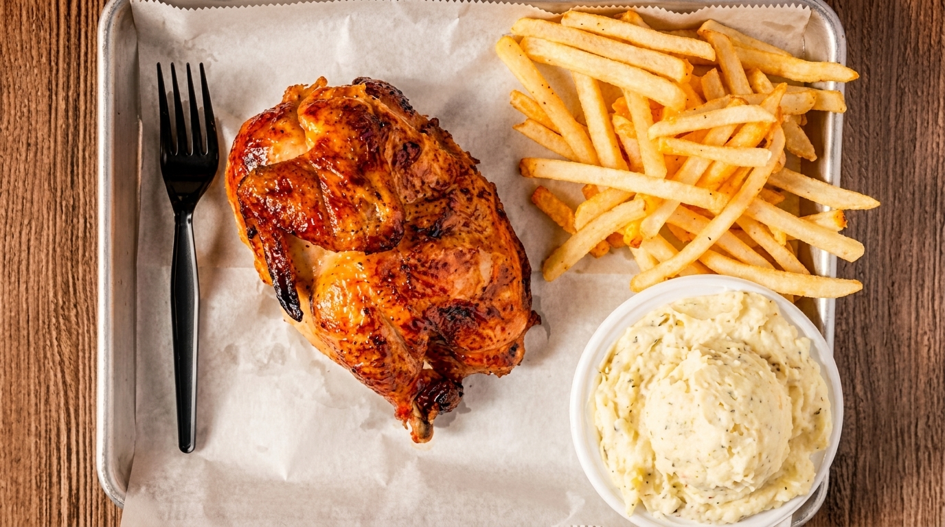 Roasted chicken with crispy skin, a side of golden french fries, and creamy mashed potatoes.