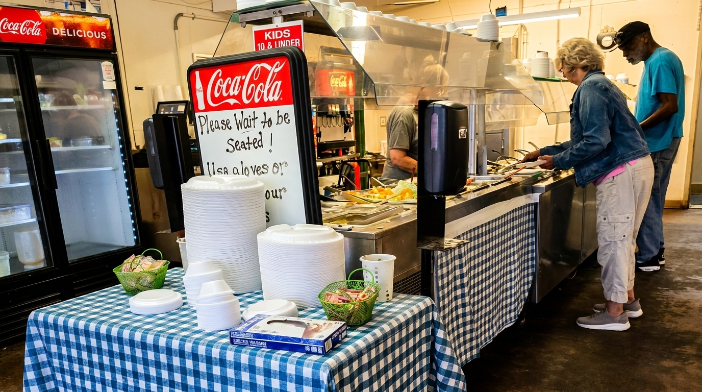 People serving themselves from a buffet line with a Coca-Cola sign and checkered tablecloth.
