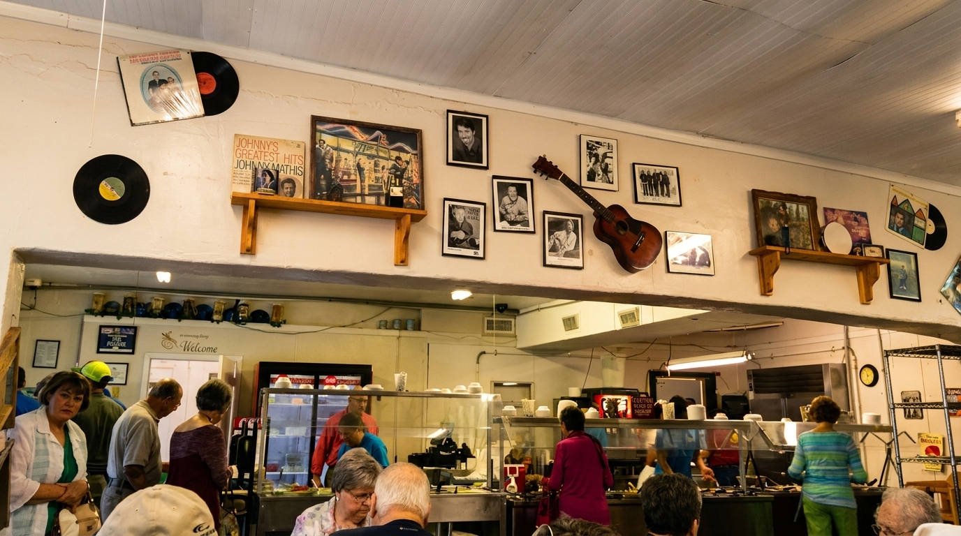 People gather at a buffet line in a casual restaurant with music memorabilia on the walls.