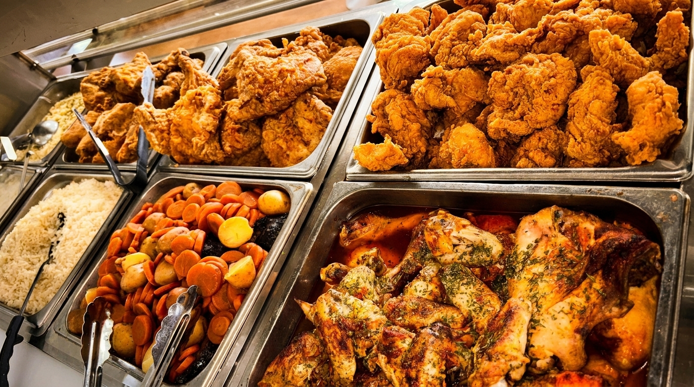 Buffet line with trays of fried chicken, roasted chicken, rice, and cooked carrots and potatoes.