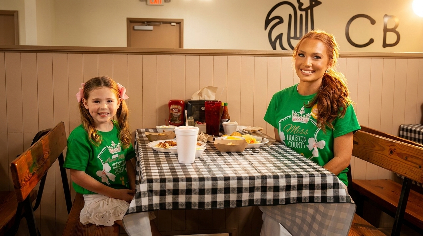 A woman and a young girl in green shirts sit at a checkered table with food.