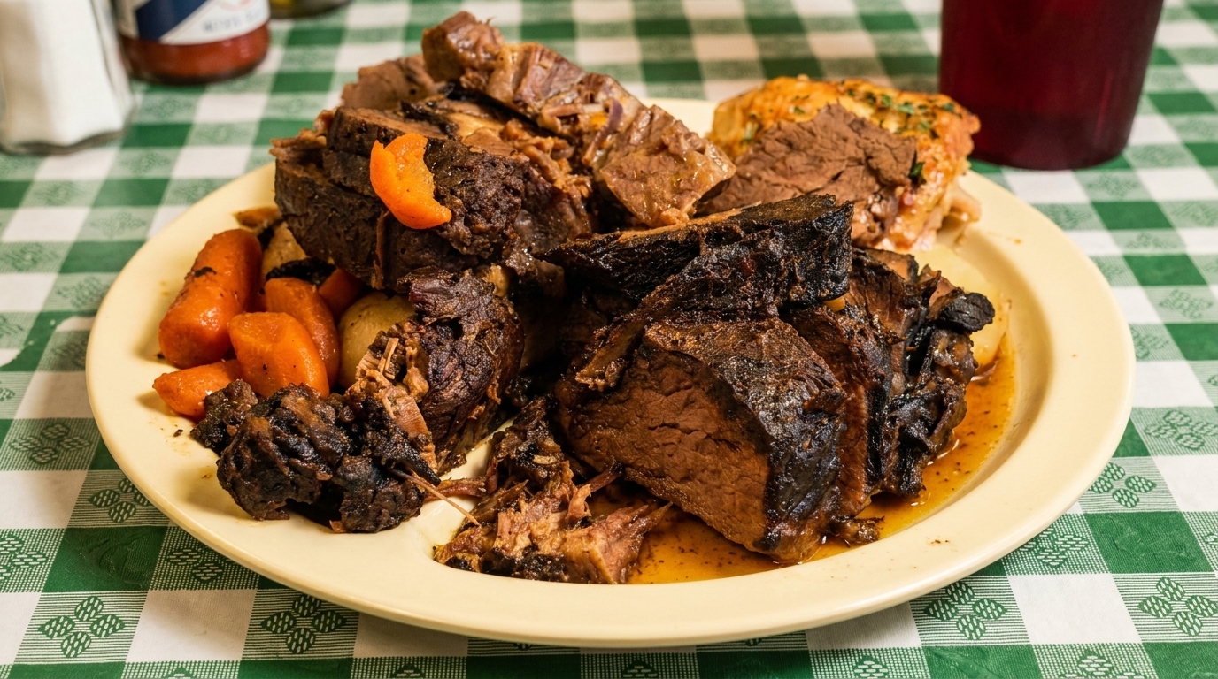 A plate of pot roast with carrots and a baked potato on a green and white checkered tablecloth.