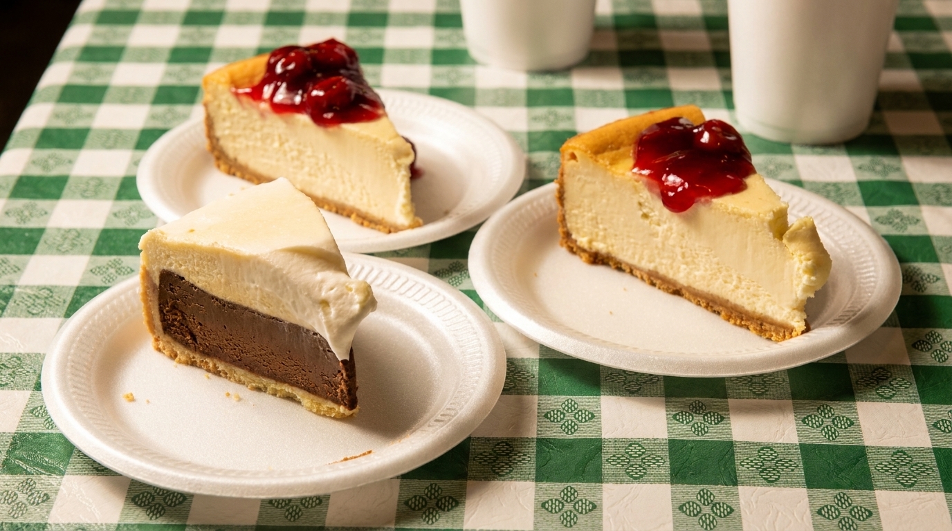 Three slices of cheesecake, two with cherry topping and one chocolate, on a green checkered tablecloth.