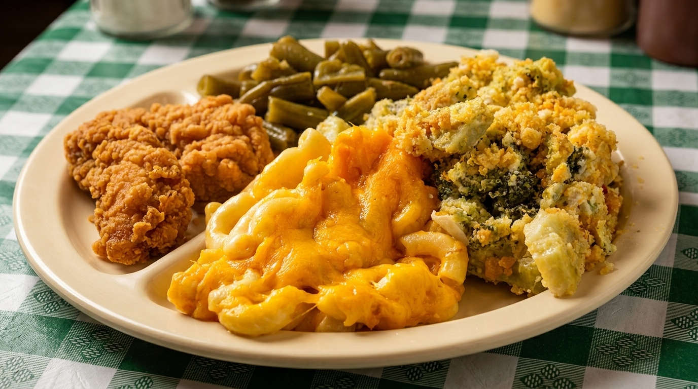 A plate of fried chicken, macaroni and cheese, green beans, and broccoli casserole on a checkered tablecloth.