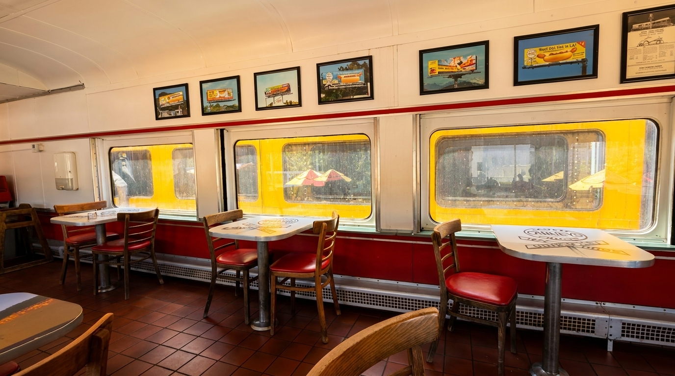 Interior of a diner-style restaurant with red booths, small tables, and framed pictures on the walls.