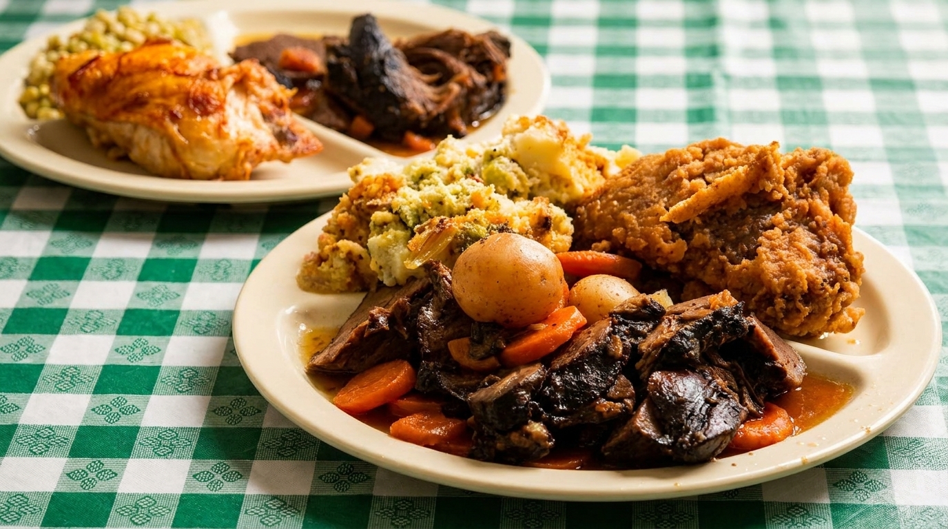 Two plates of comfort food on a green and white checkered tablecloth, featuring fried chicken, pot roast, and vegetables.