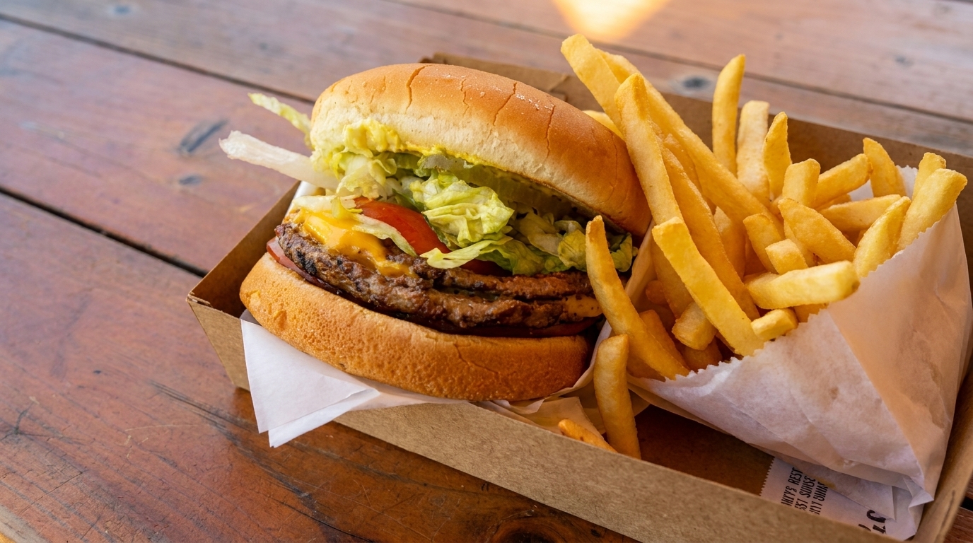 A double cheeseburger with lettuce, tomato, and cheese, served with a side of golden fries.