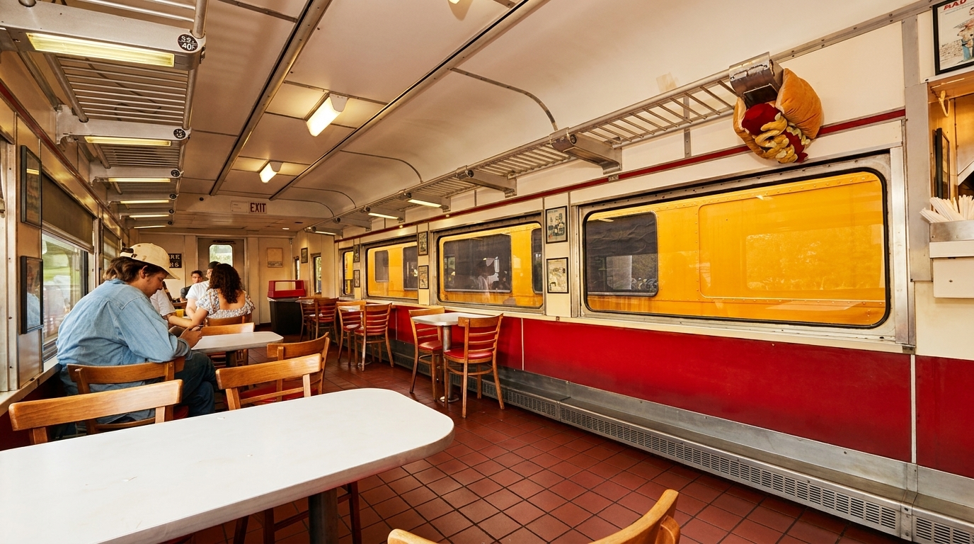 Diners seated in a retro-style restaurant car with red booths, brown tiled floor, and yellow exterior views.