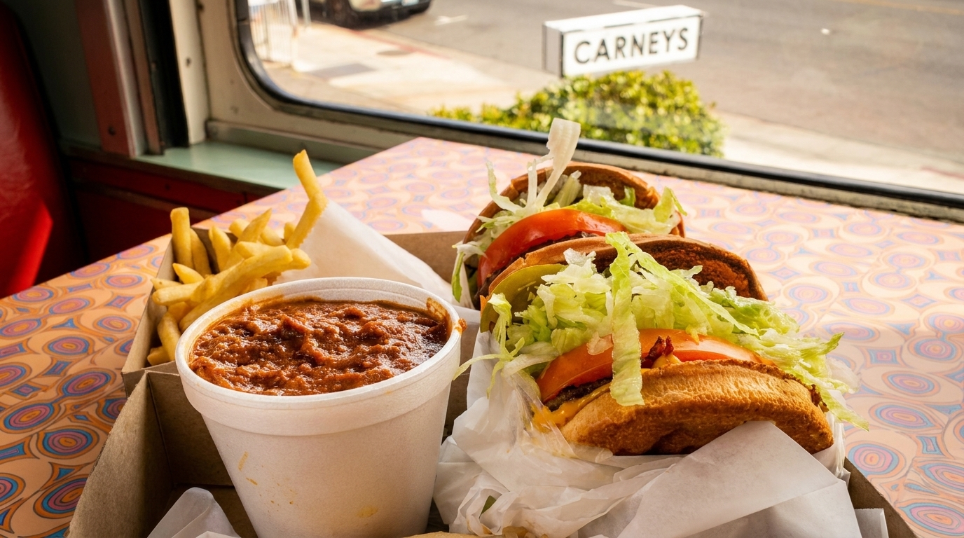 Carney's chili, fries, and burgers with lettuce and tomato, on a patterned table by a window.