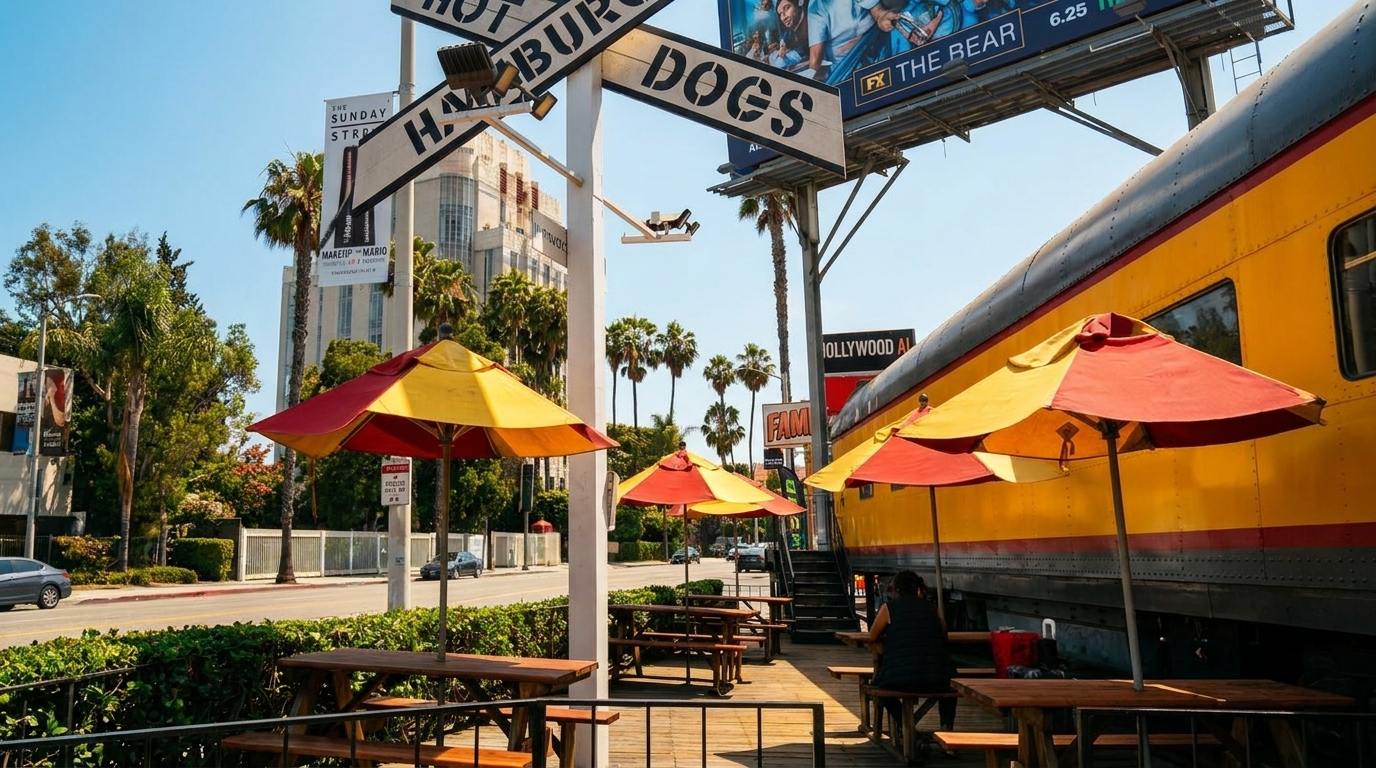Outdoor patio with picnic tables and red-and-yellow umbrellas next to a yellow train car restaurant.