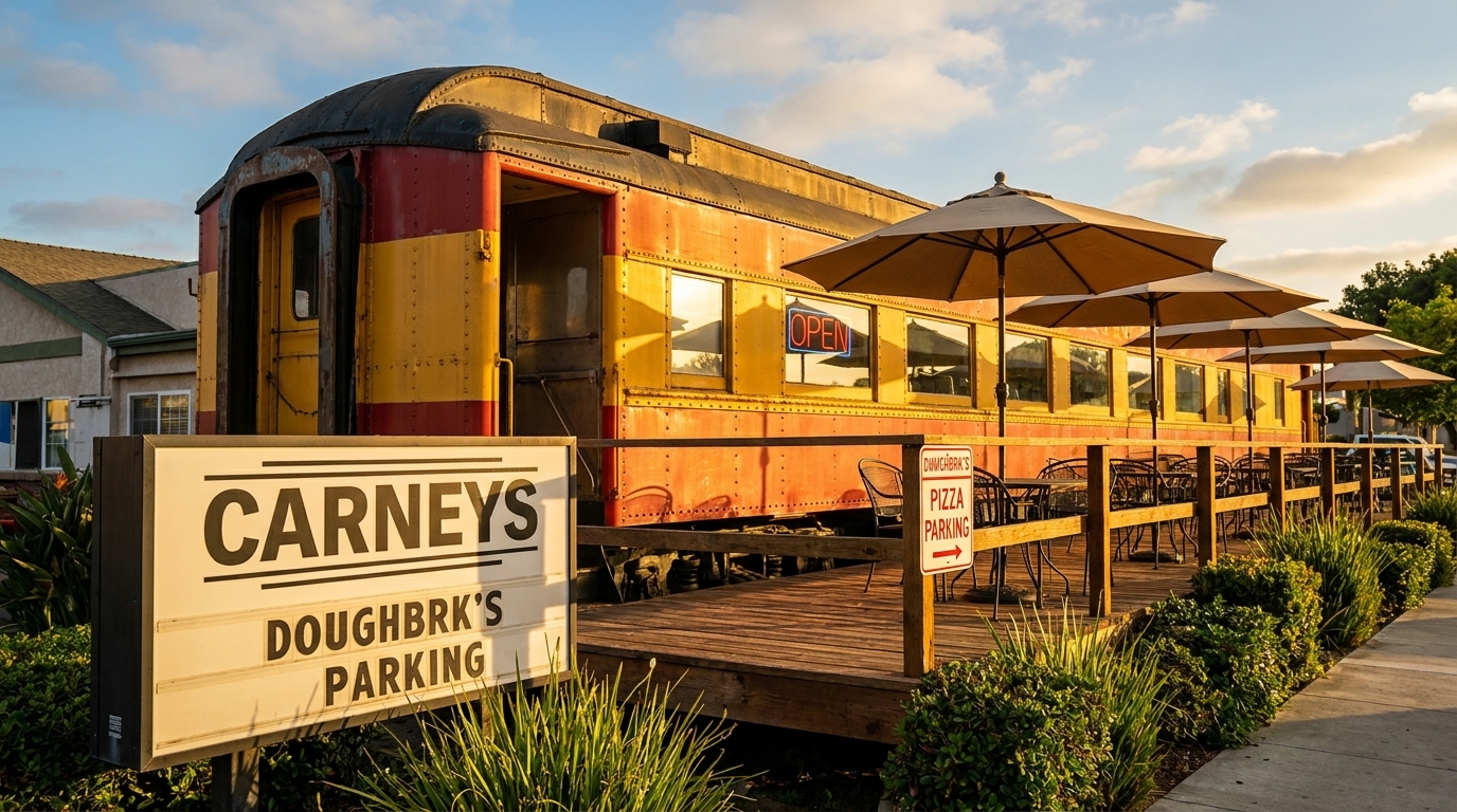 Carney's restaurant, a red and yellow train car, with an outdoor patio under umbrellas.