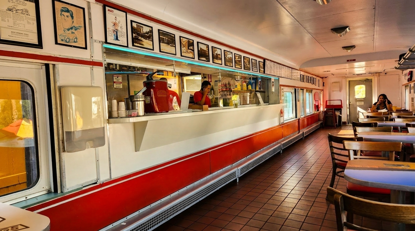 A long, narrow diner interior with a counter, red booths, and a person seated at a table.