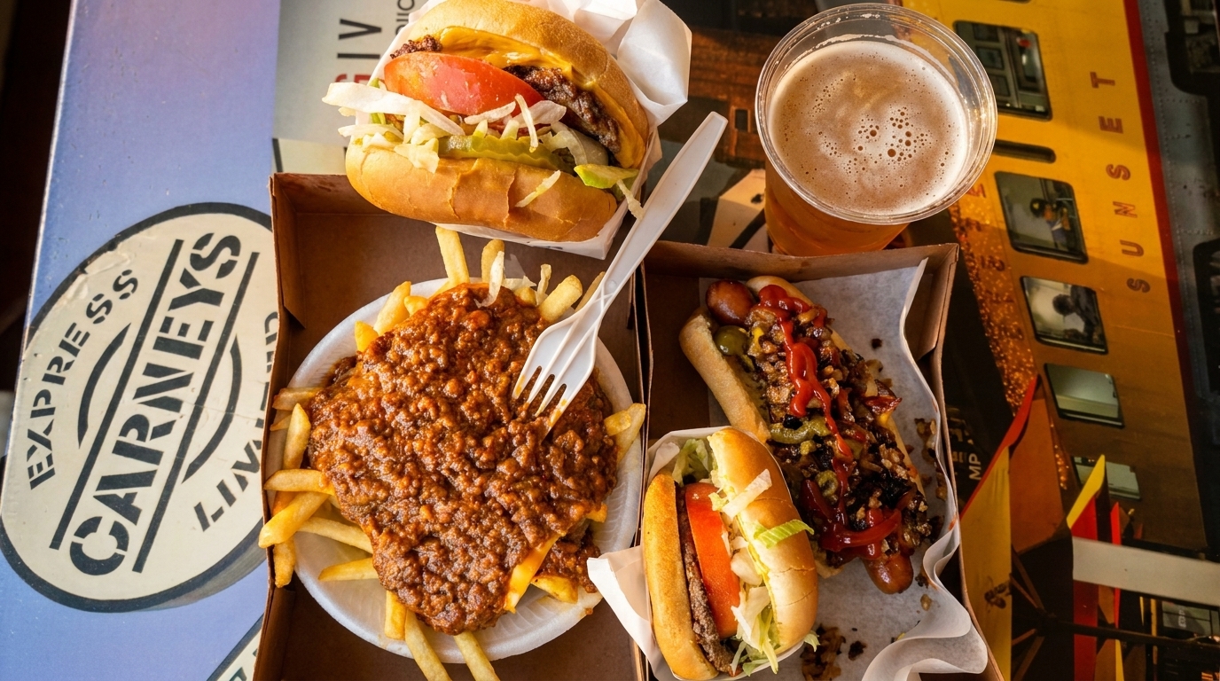 Carney's chili cheese fries, hot dogs, cheeseburger, and beer on a train car table.