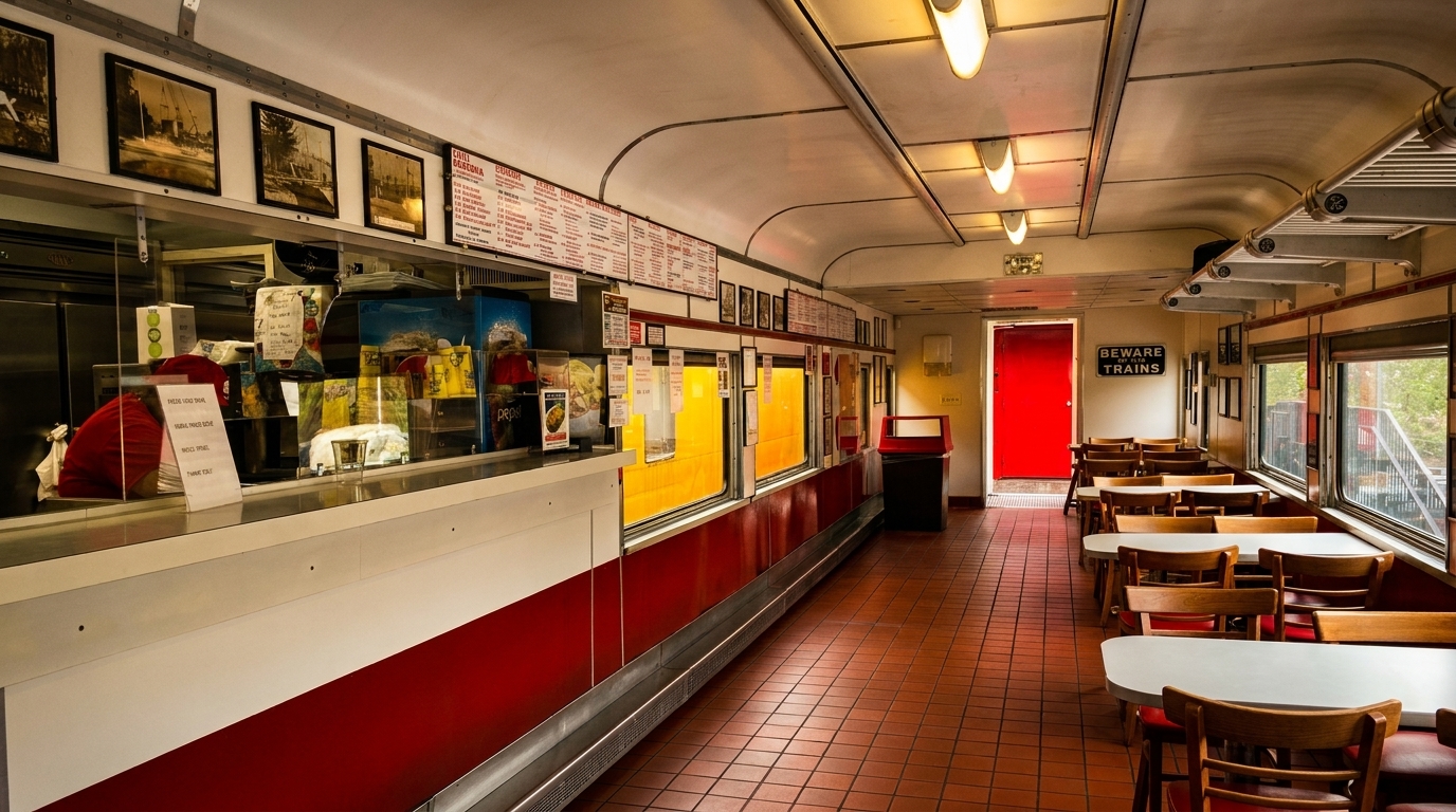 Interior of a vintage diner car with red and white counters, wooden tables, and a bright red door.