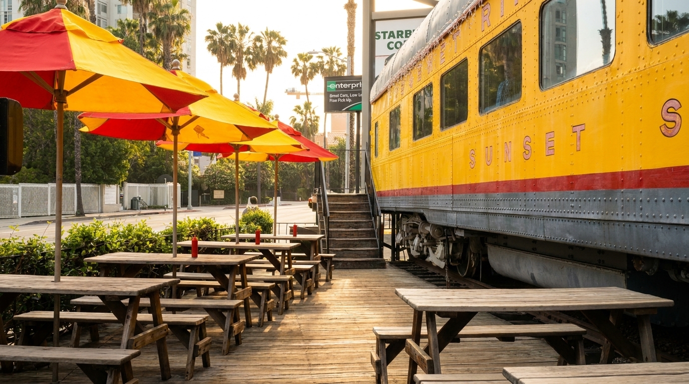 Outdoor dining area with picnic tables and red and yellow umbrellas next to a yellow train car.