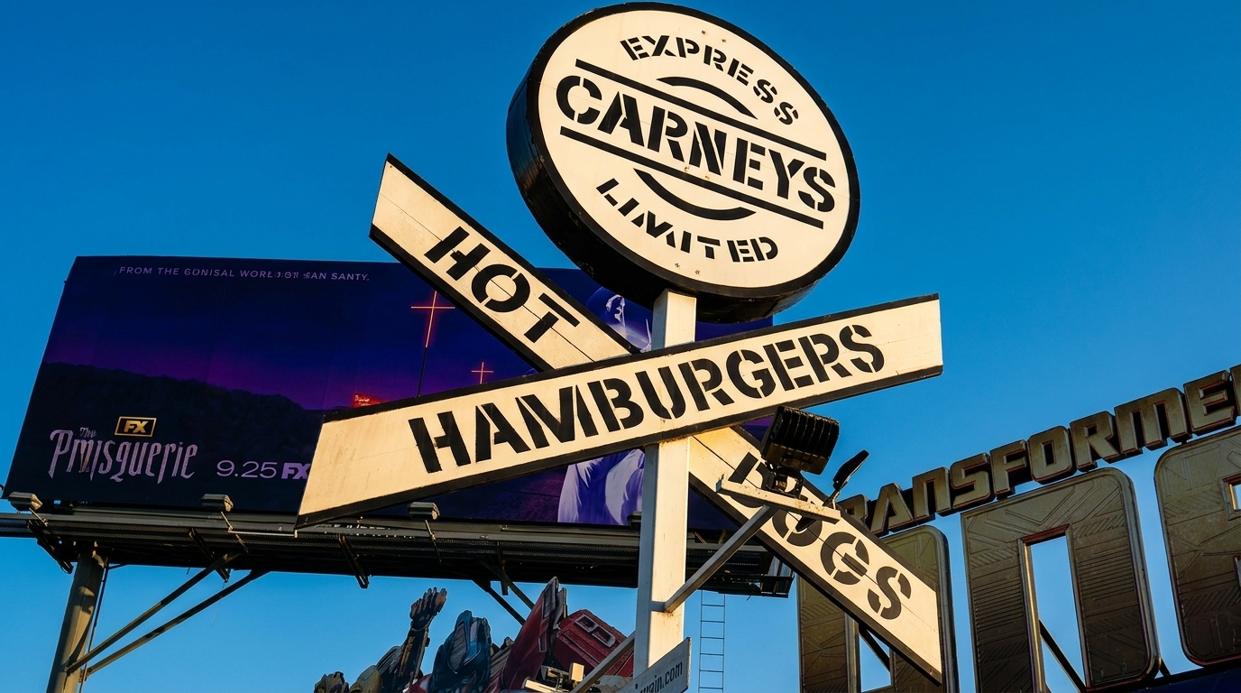 Carney's Express Limited sign advertising "Hot Hamburgers" and "Hot Dogs" against a clear blue sky.