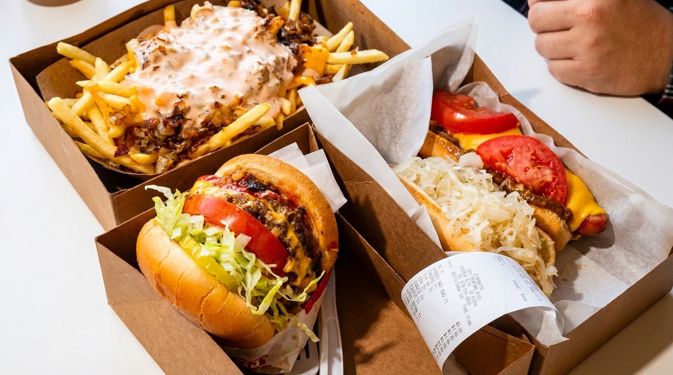 A burger, chili cheese fries, and a hot dog with sauerkraut and tomatoes in takeout containers.