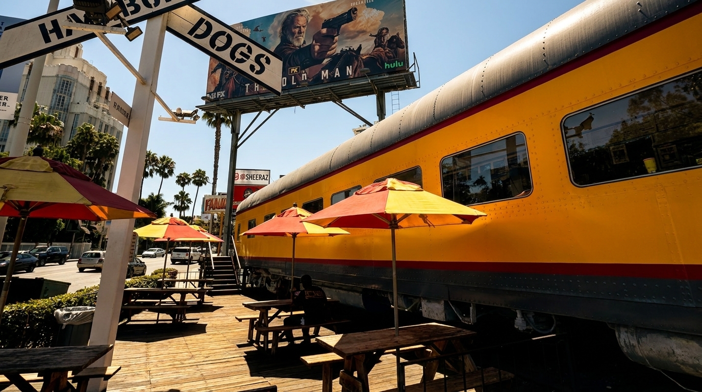 Outdoor dining area with picnic tables and umbrellas next to a yellow train car restaurant.