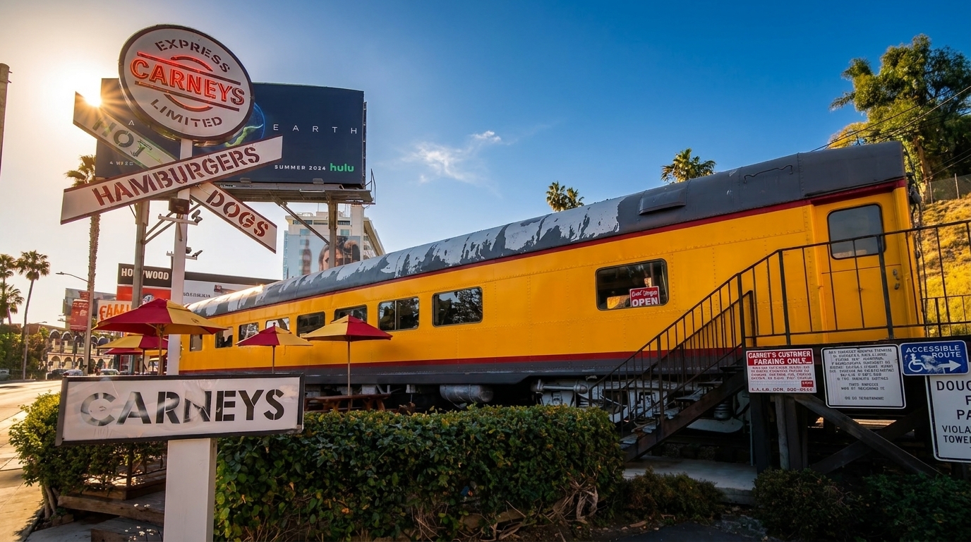 Carney's restaurant, a yellow train car with red and yellow umbrellas, under a bright sky.