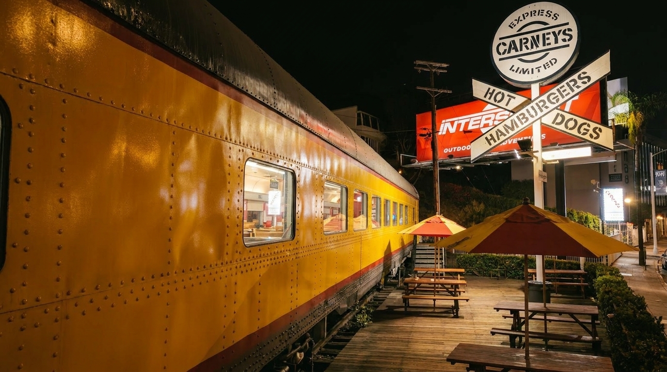Carney's restaurant, a yellow train car, at night with outdoor picnic tables and umbrellas.