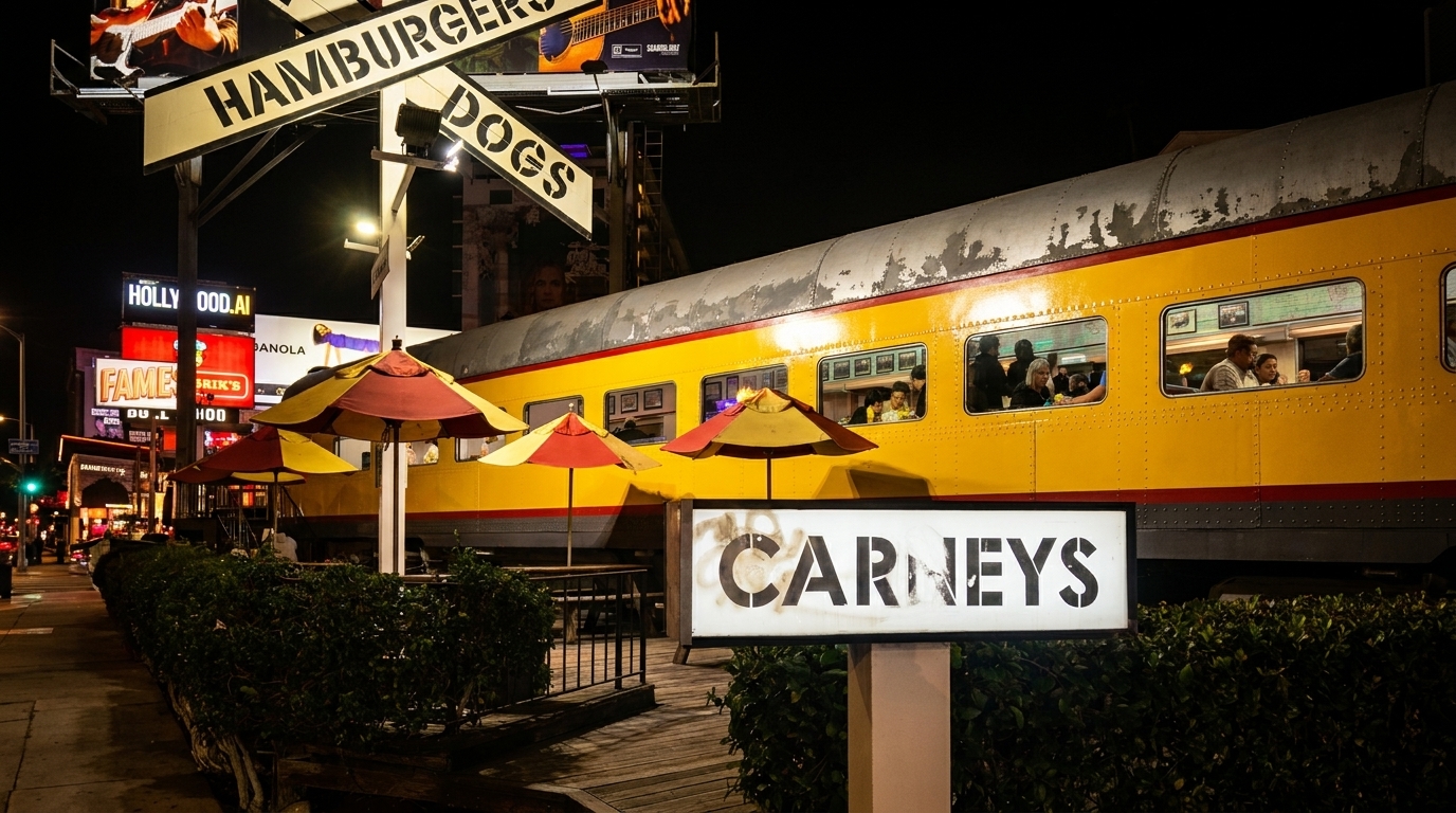Carney's restaurant at night, a yellow train car with patrons inside, and outdoor seating with umbrellas.